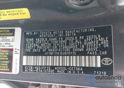 2014 Toyota Camry Se from USA, damaged, VIN 4T1BF1FK1EU870115